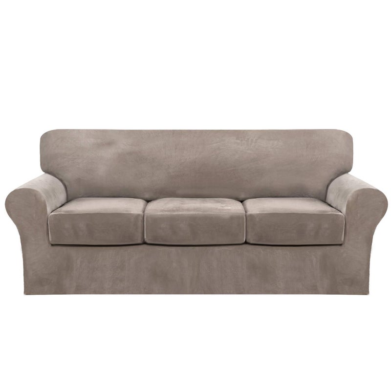FantasDecor 4 Piece Sofa Velvet Couch Covers for 3 Cushion Stretch Slipcover with Individual Seat Cushion Elastic Furniture Protector for Pets, Machine Washable (Sofa, Taupe) - Image 1